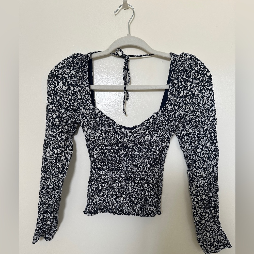 Reformation Russet Long Sleeve Tie Back Smocked Blouse  Suisse Blue Floral